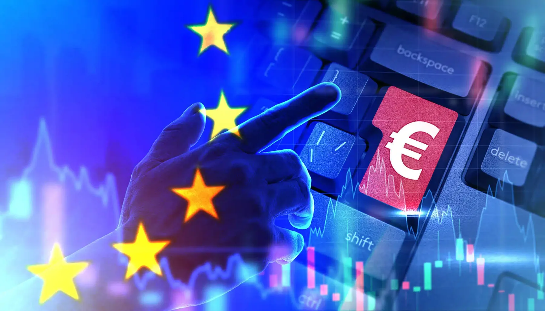 Compoziție grafică: stelele Uniunii Europene peste o tastatură cu o tastă marcată cu simbolul euro