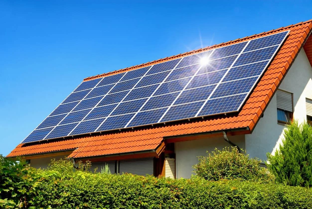 Panouri fotovoltaice montate pe acoperișul de țiglă al unei case