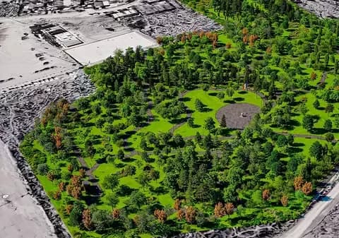 Vedere aeriană a unui parc amenajat lângă o zonă construită