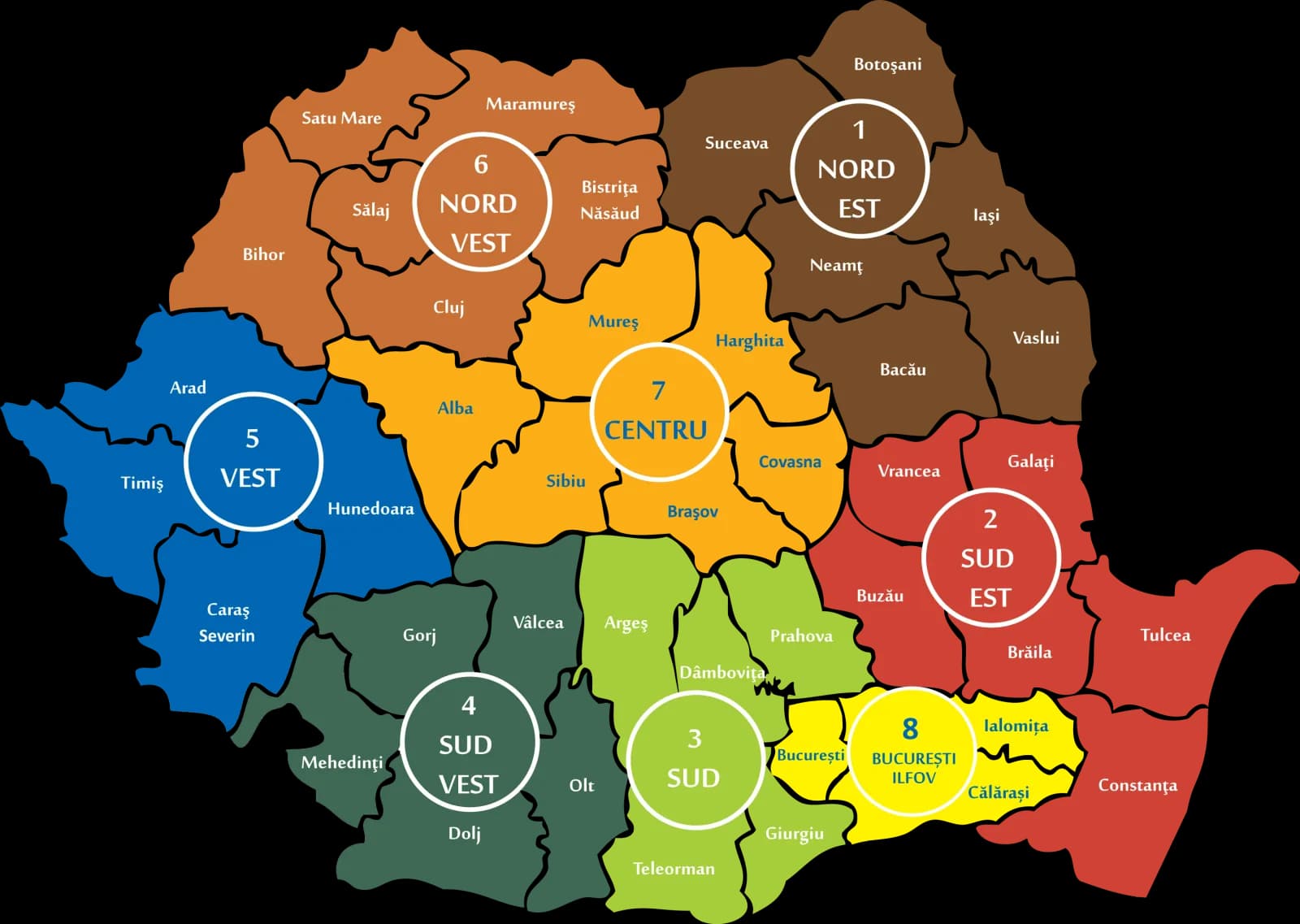 Harta României împărțită în cele opt regiuni de dezvoltare, cu județele componente